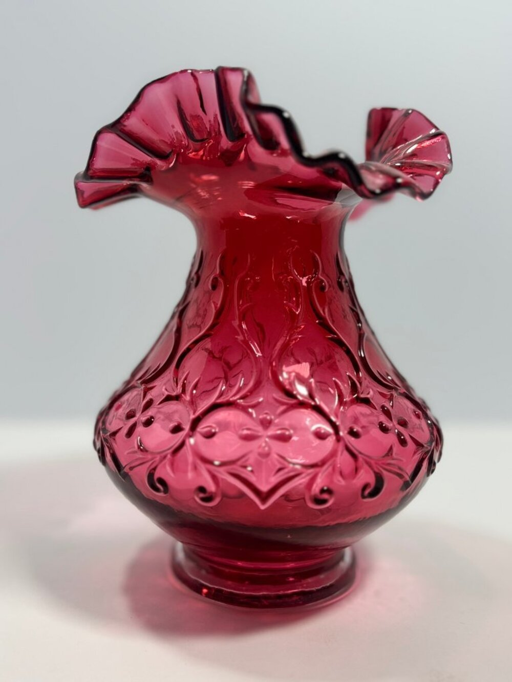 Fenton Vintage Cranberry Glass Heart & Vine Embossed Vase Double Crimped Ruffled